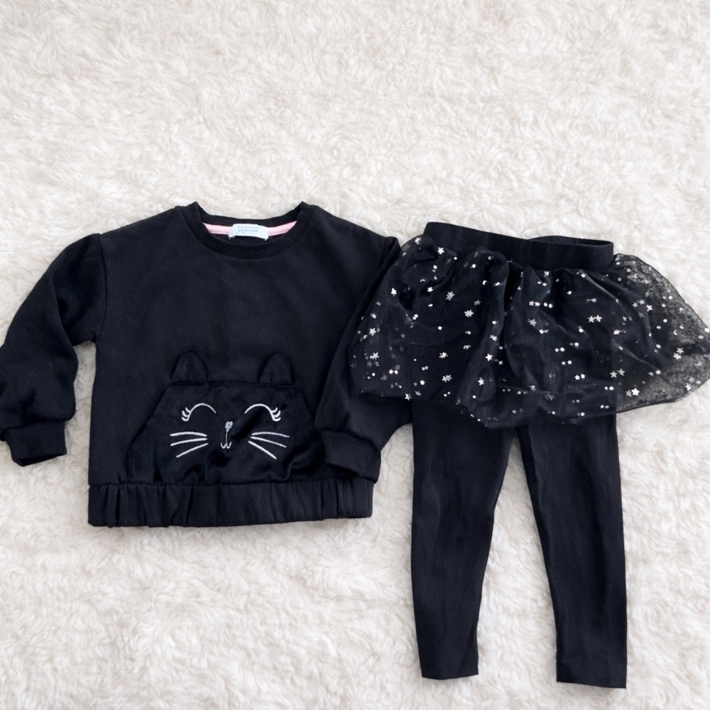 NEW Primark Baby Girls Black Cat Sweatshirt & Star Tulle Leggings Set 2-3 Years